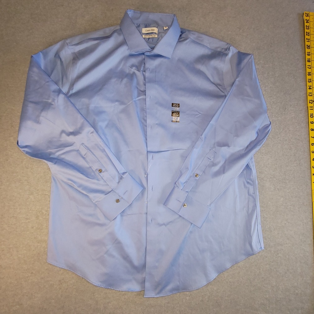 Calvin Klein Mens 3XL Dress Shirt Slim Fit Infinite Wrinkle Free Blue 19 34/35